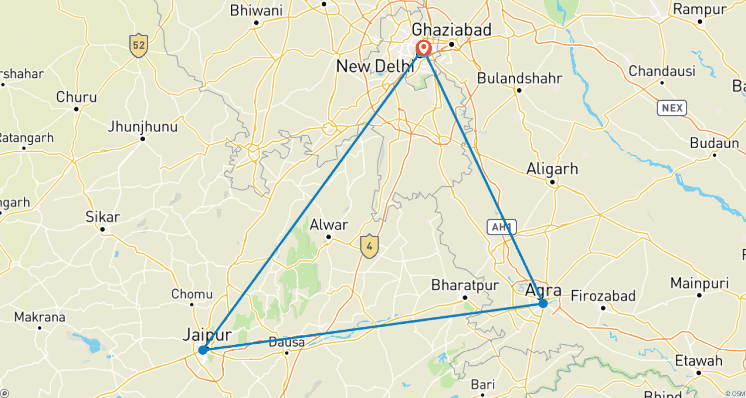 Mapa do percurso de Triângulo Dourado Delhi Agra Jaipur com Estadia em Hotel Forte Histórico