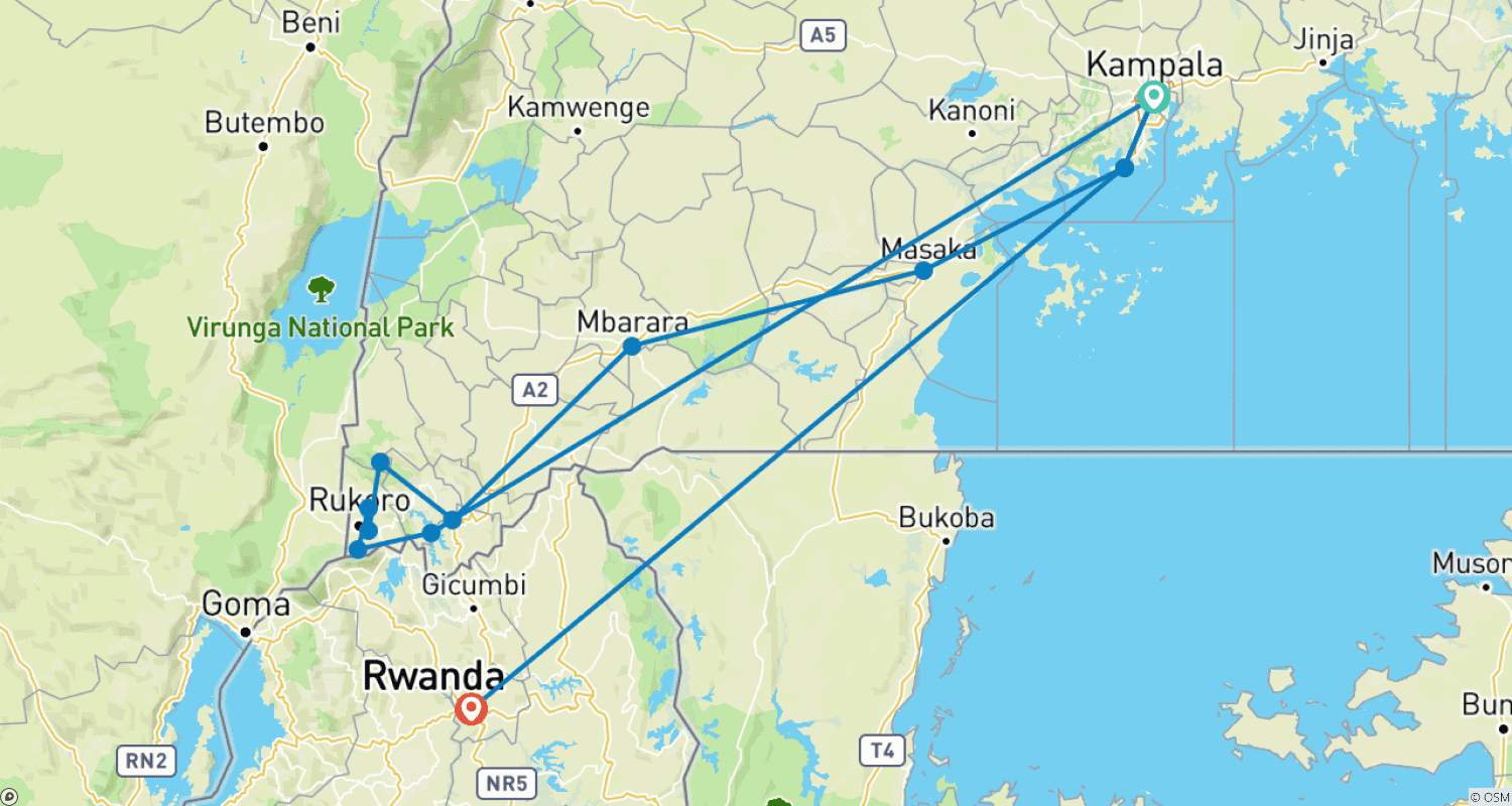 Mapa do percurso de 5 Dias de Trekking de Gorilas e Canoagem no Lago Bunyonyi