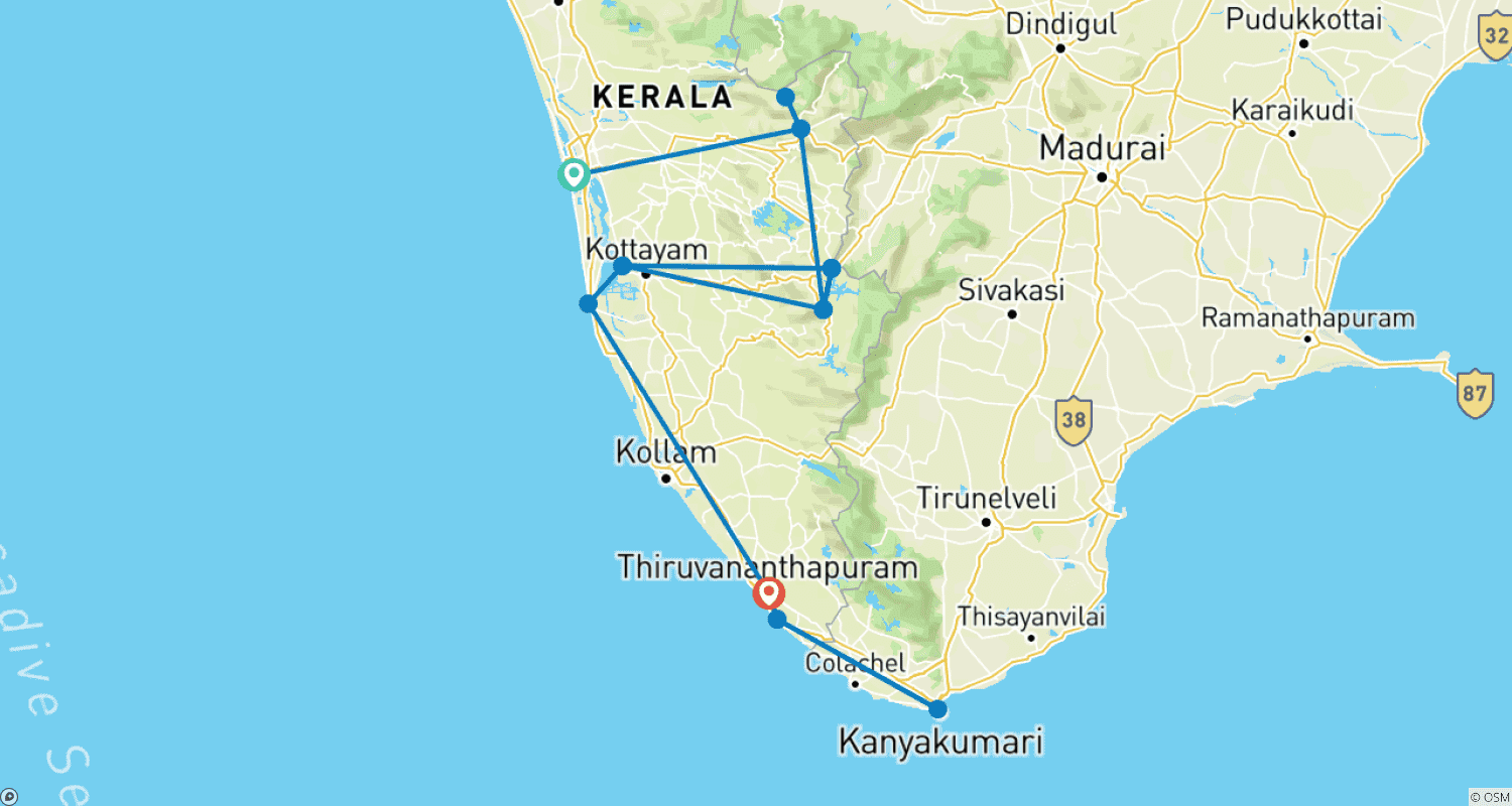 Mapa do percurso de Tour Especial para Mulheres em Kerala: Hotéis 4 Estrelas