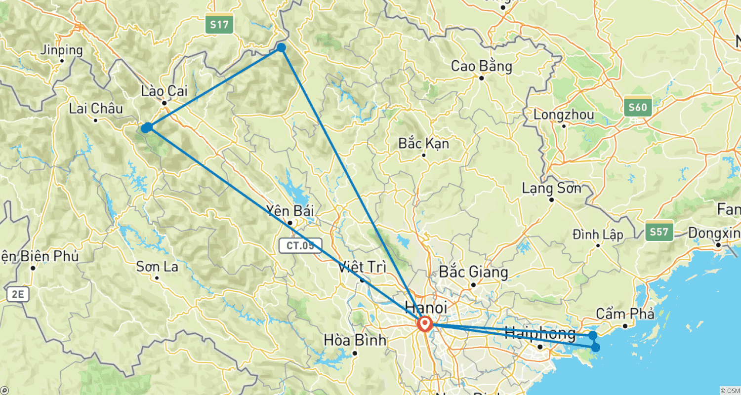 Mapa do percurso de 5 dias explorando os Destaques de Hanói, Baía de Ha Long e Sapa