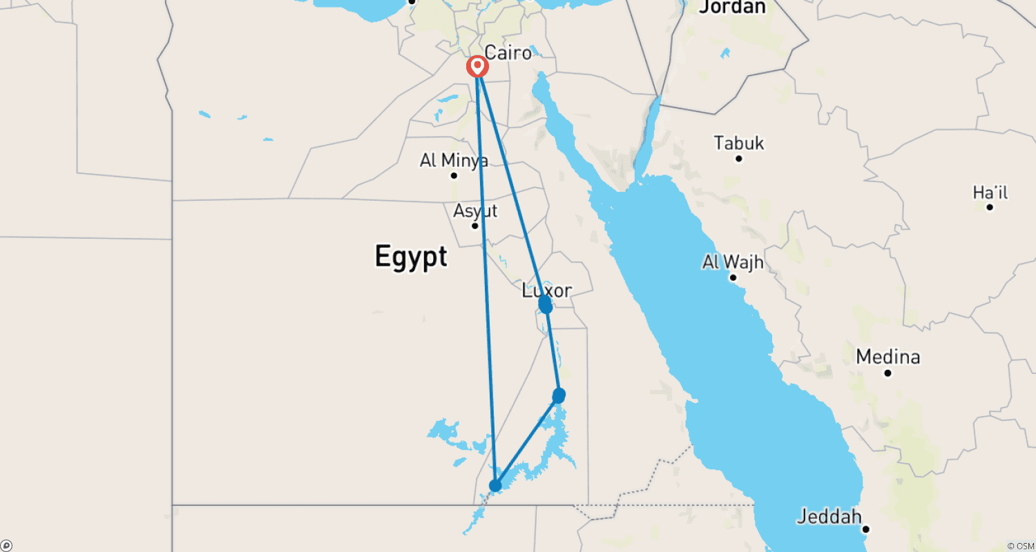 Mapa do percurso de Explorador do Egito (Cairo, Luxor, Assuão e Abu Simbel)