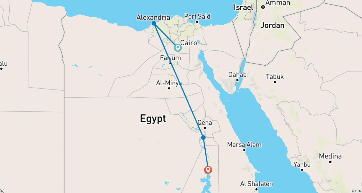 Mapa do percurso de 8 Dias Cairo, Alexandria, Luxor e Assuão de Trem