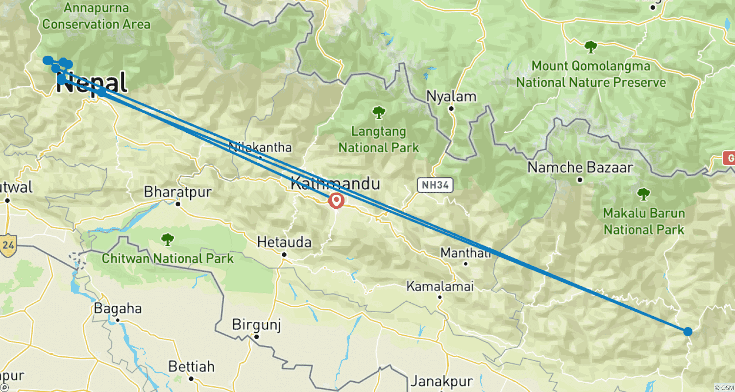Mapa do percurso de Trekking Ghorepani Poonhill 08 Dias | Caminhada Fácil no Nepal