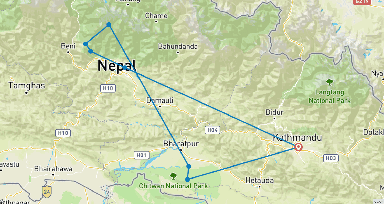 Mapa do percurso de Caminhada a Poon Hill e Excursão ao Parque Nacional de Chitwan