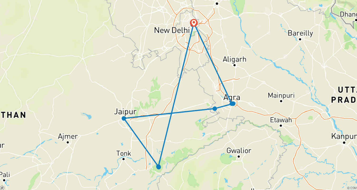 Mapa trasy: Złoty Trójkąt z Ranthambore i Safari z Tygrysami