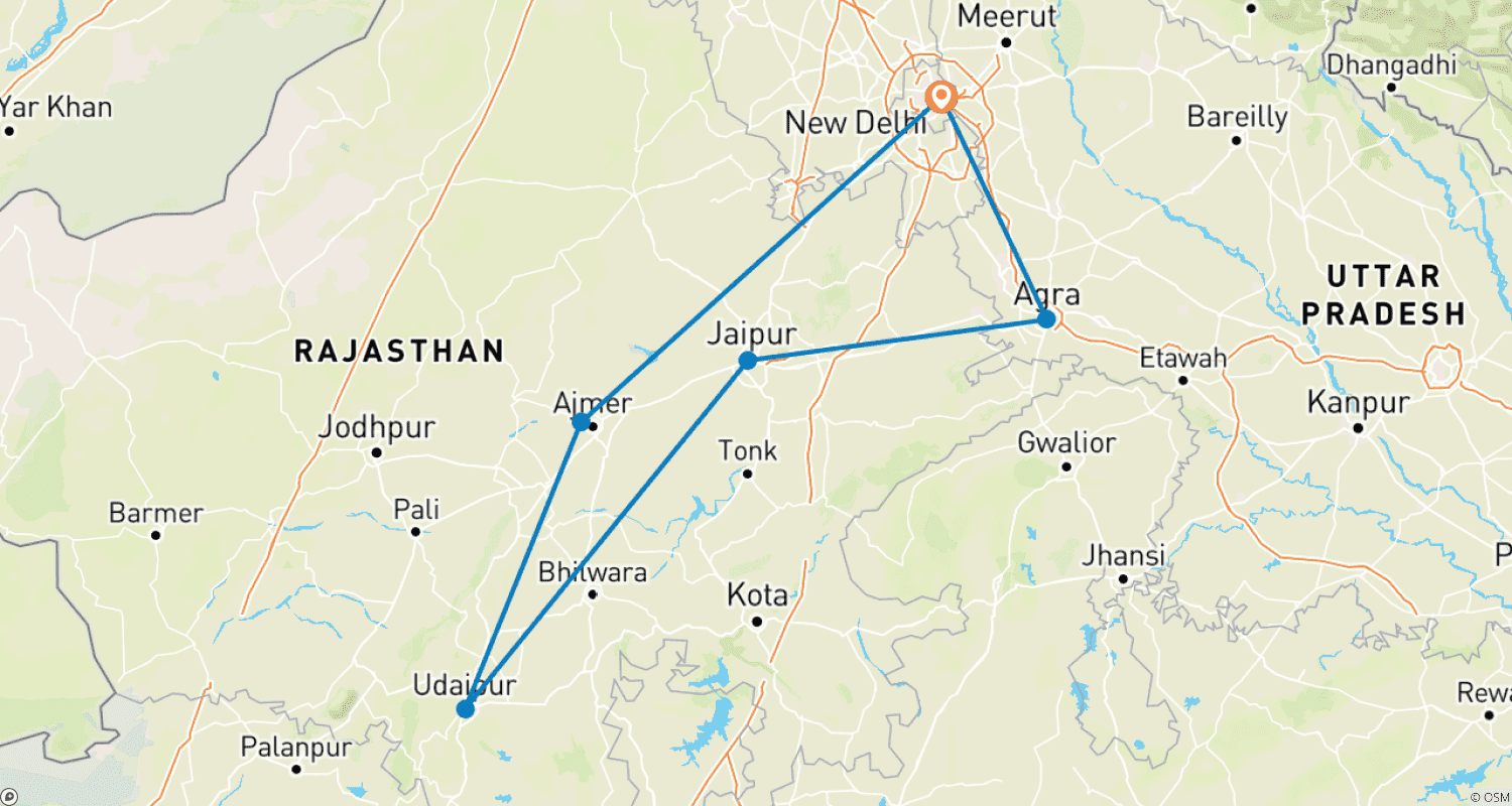 Mapa do percurso de Excursão de Luxo Privada de 8 Dias ao Triângulo Dourado com Udaipur e Pushkar