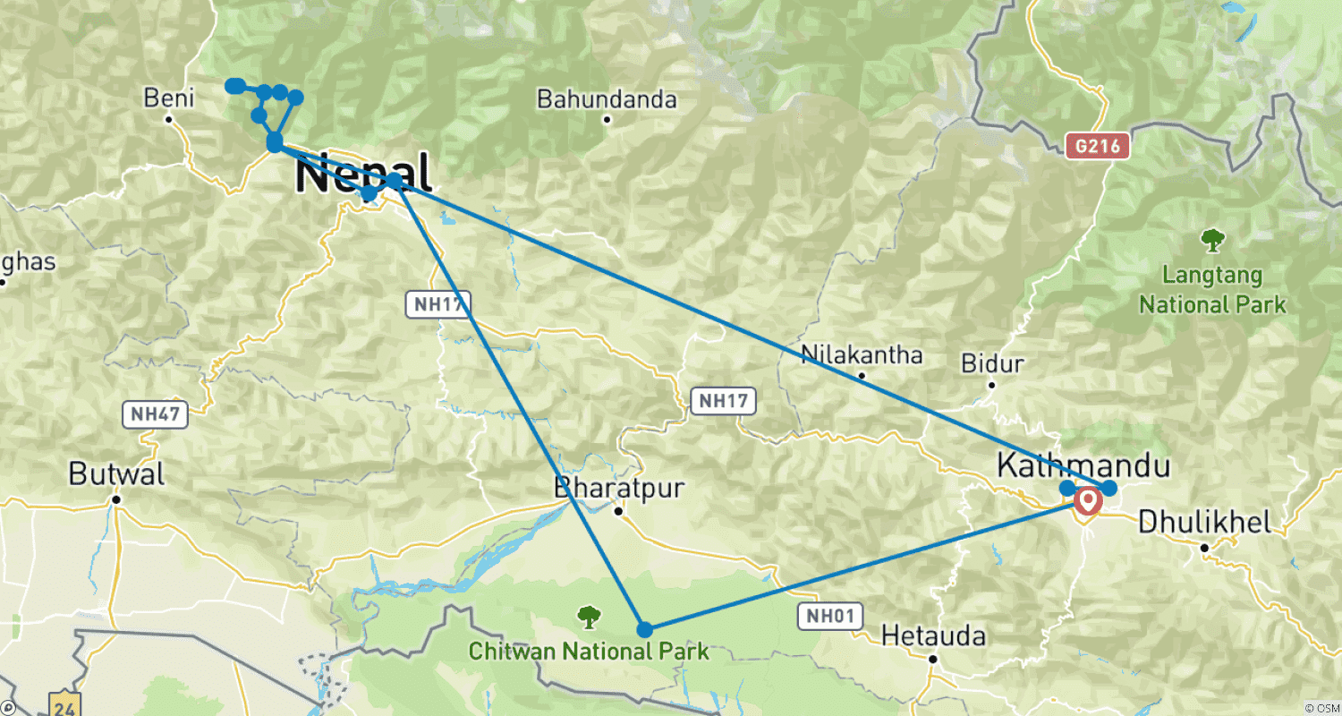 Mapa do percurso de Excursão ao Nepal com Trekking Curto