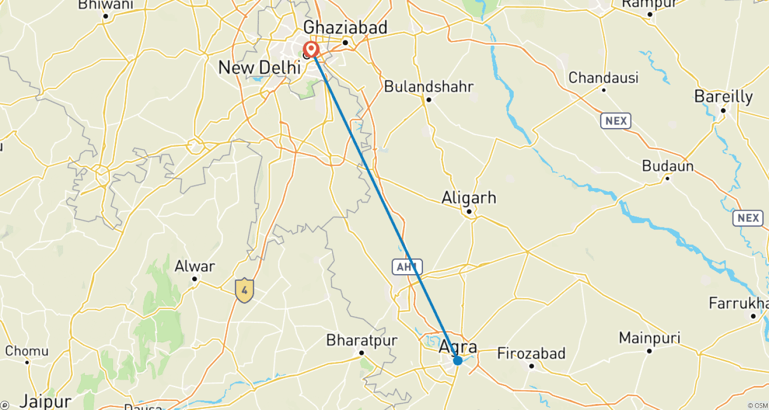 خريطة مسار Taj Mahal Sunrise & Sunset Tour With Fatehpur Sikri Over Night