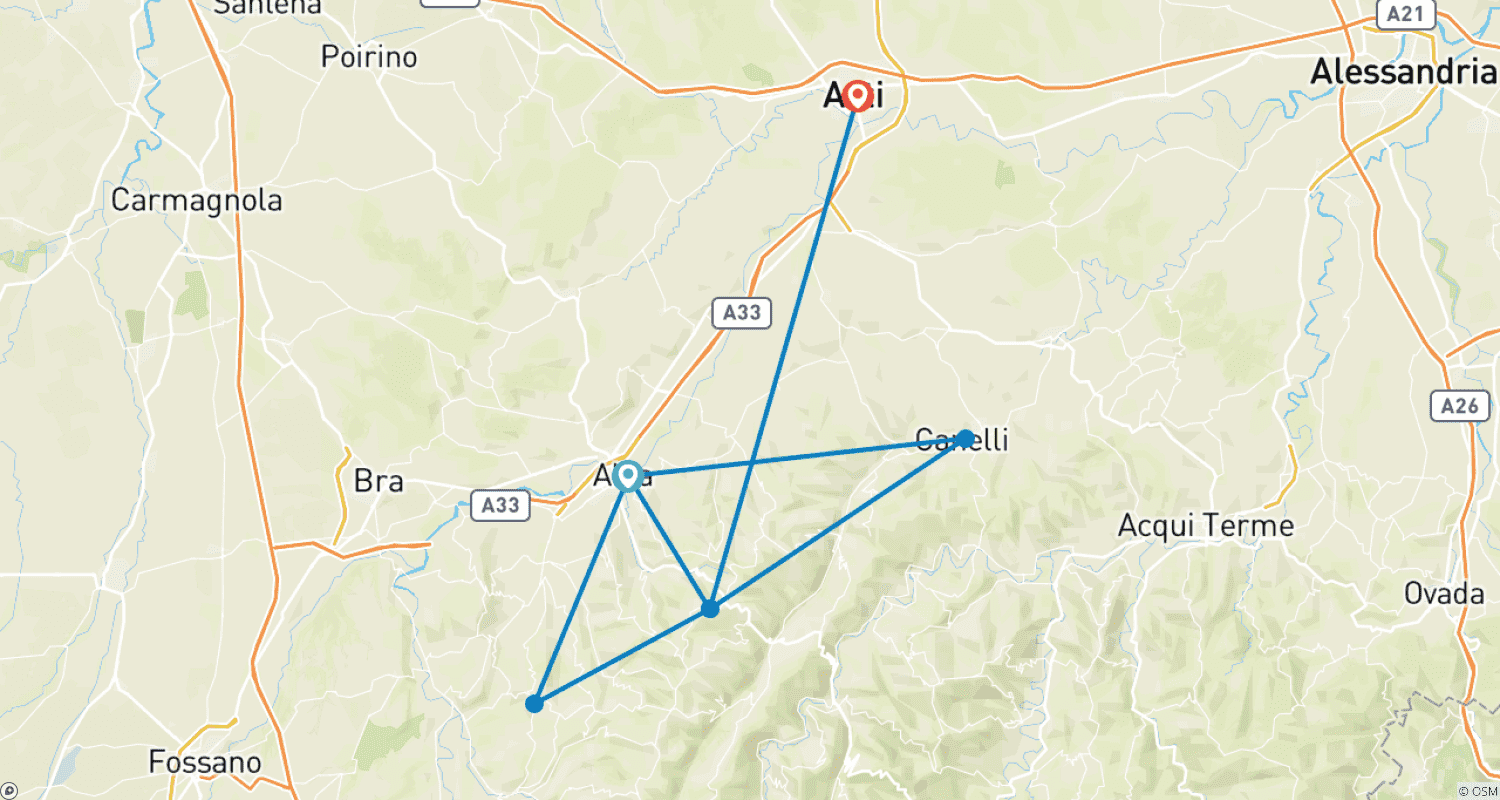 Mapa do percurso de Vinhedos e trufas do Piemonte - Passeio de bicicleta em grupo pequeno