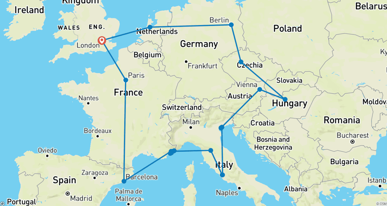 Mapa do percurso de Excursão de Trem em Grupo pela Europa (18-30 anos)