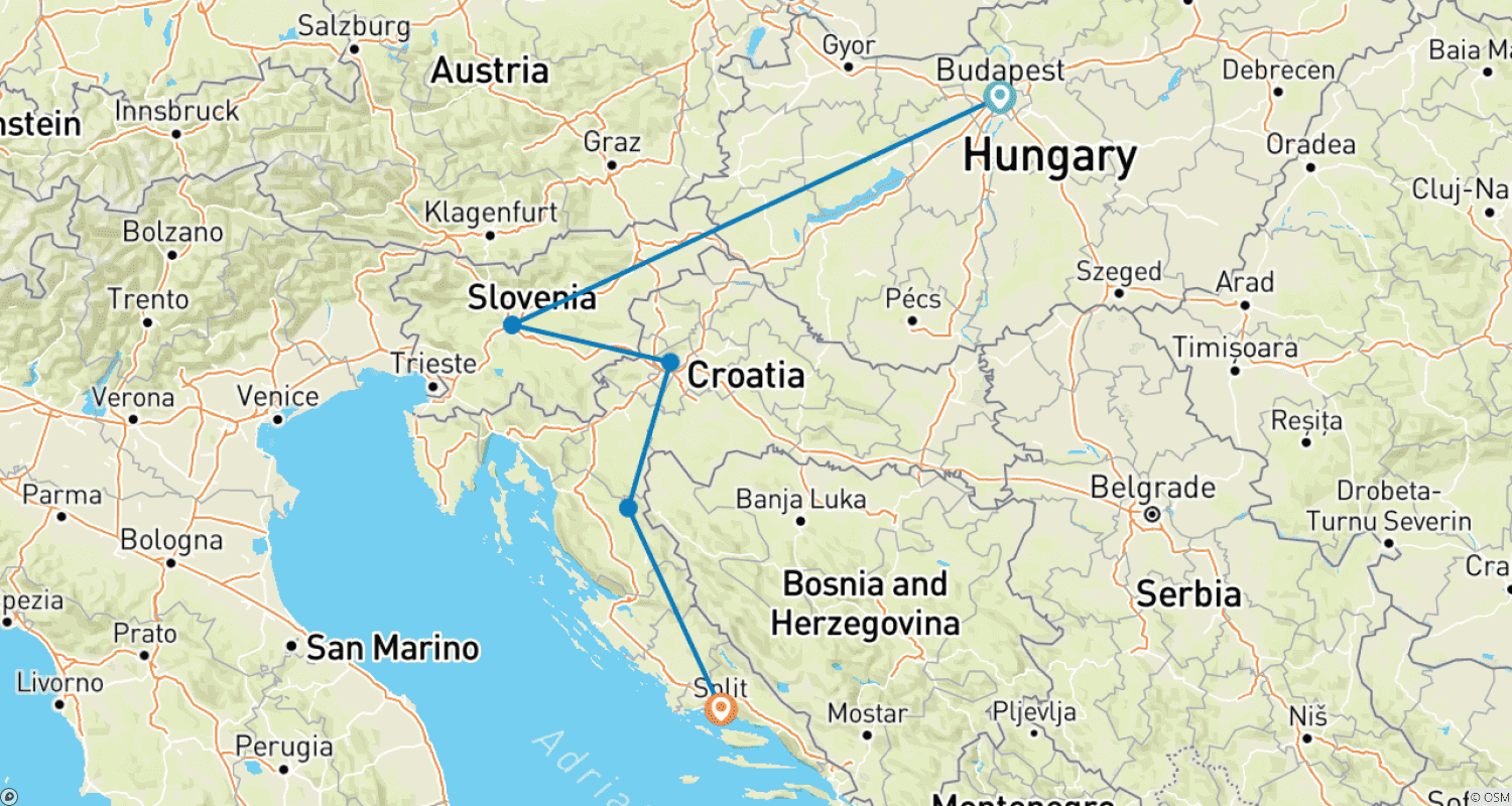 Mapa do percurso de Excursão de Trem em Grupo de Budapeste a Split (para jovens de 18 a 30 anos)