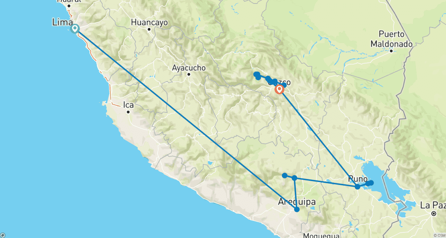 خريطة مسار Lima & Southern Peru Highlights: Colca Canyon, Lake Titicaca, Cusco, Sacred Valley & Machu Picchu Tour