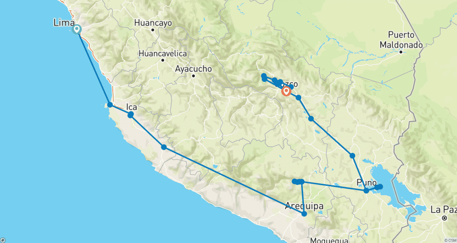 Mapa trasy: Najlepsze z południowego Peru + Wyspy Ballestas, Ica - Huacachina i Nazca: budżet