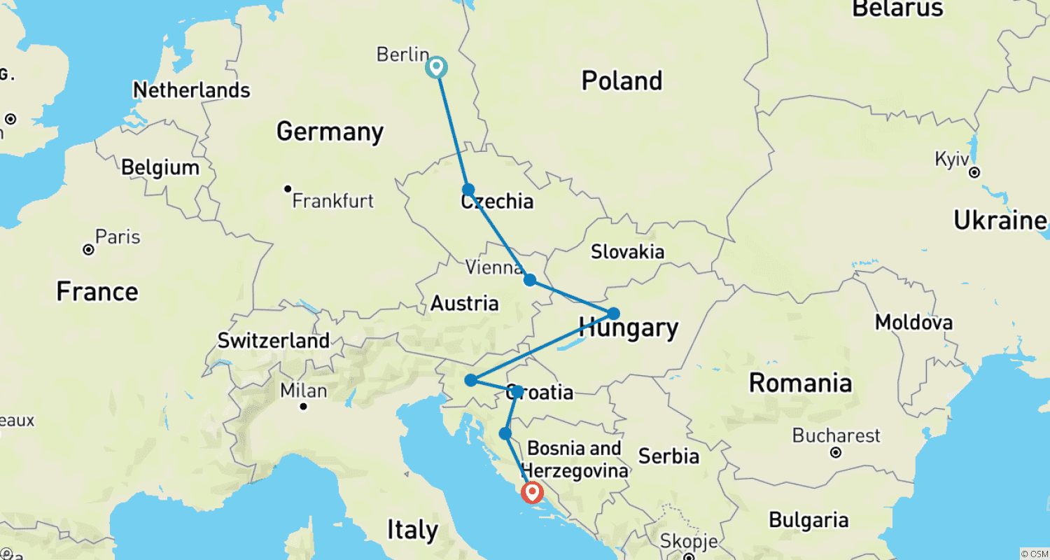 Mapa do percurso de Excursão de Trem em Grupo pela Europa Boêmia (para jovens de 18 a 30 anos)