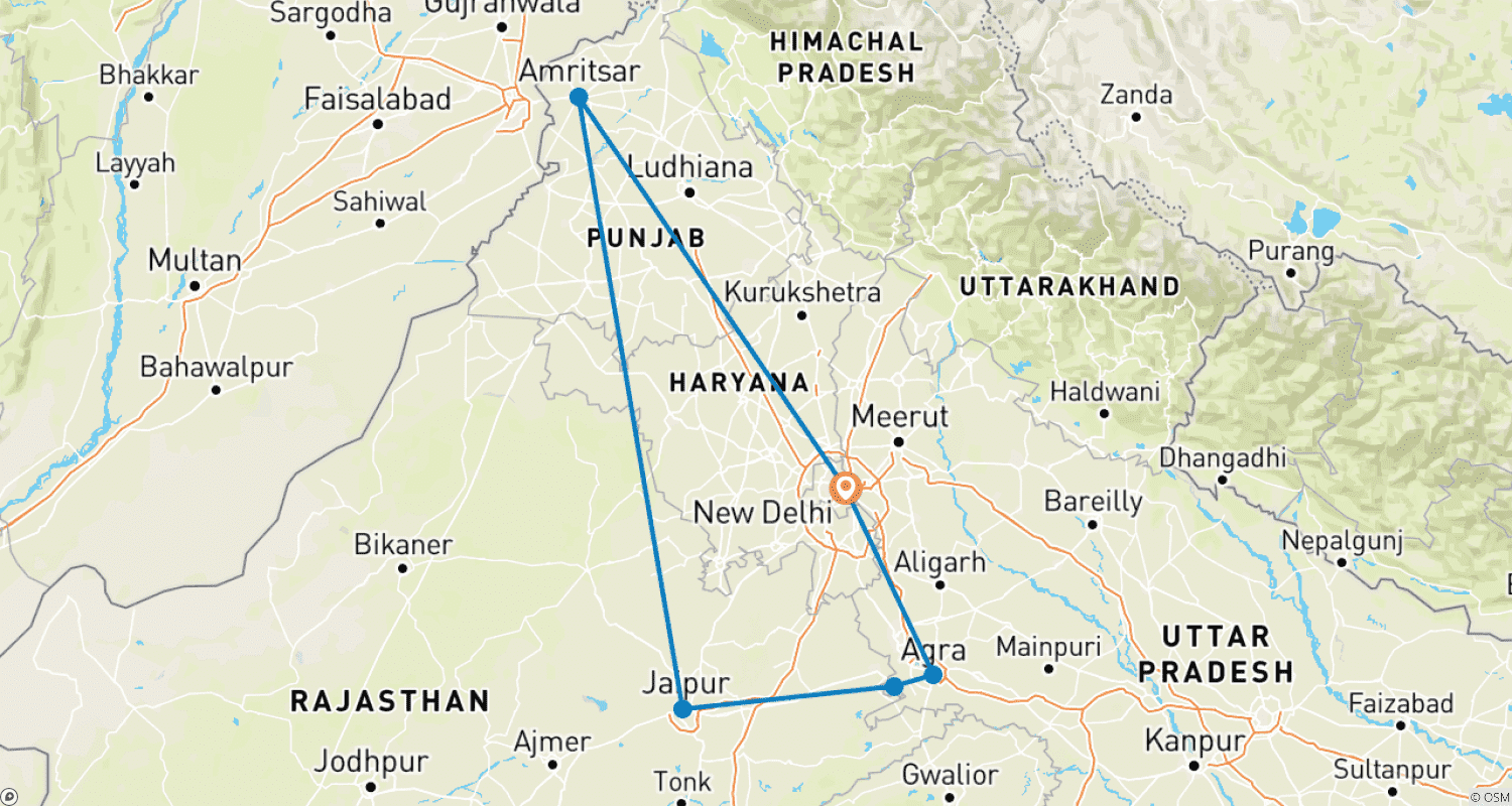 Mapa do percurso de Excursão de 9 Dias Triângulo Dourado com Amritsar