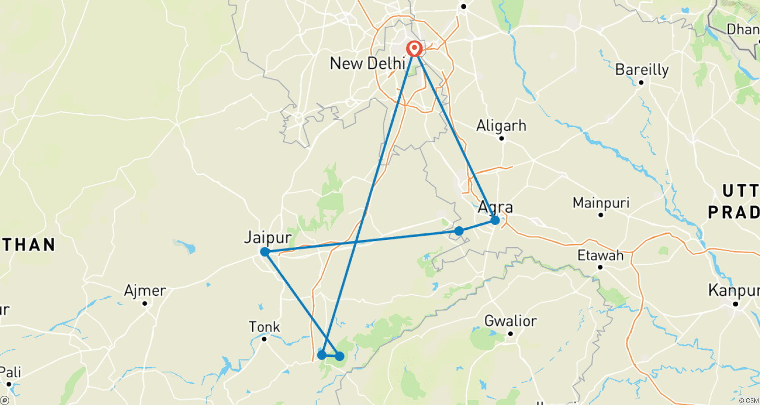Mapa do percurso de 10 Dias Triângulo Dourado Com Safari na Selva