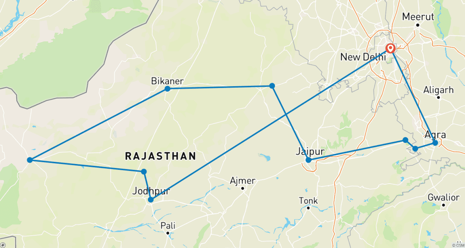 Mapa do percurso de Viagem de Aventura por Rajasthan