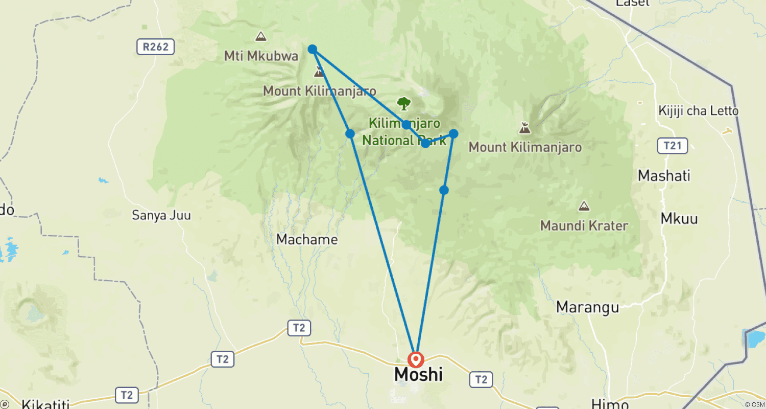 Mapa trasy: Wspinaczka na Kilimandżaro Szlakiem Machame 7 Dni 6 Nocy