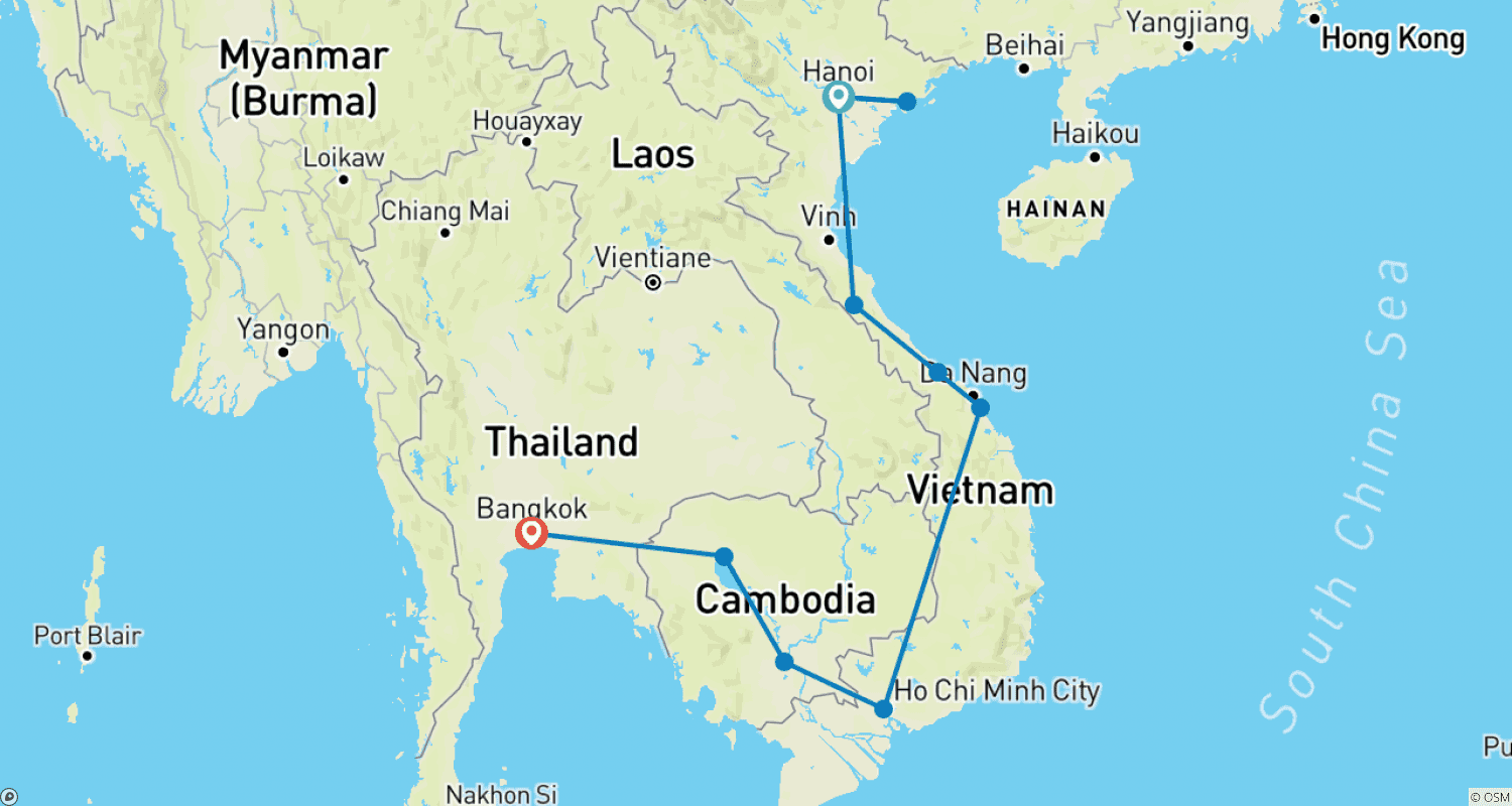 Mapa do percurso de Simplesmente Vietnã com Camboja e Bancoc