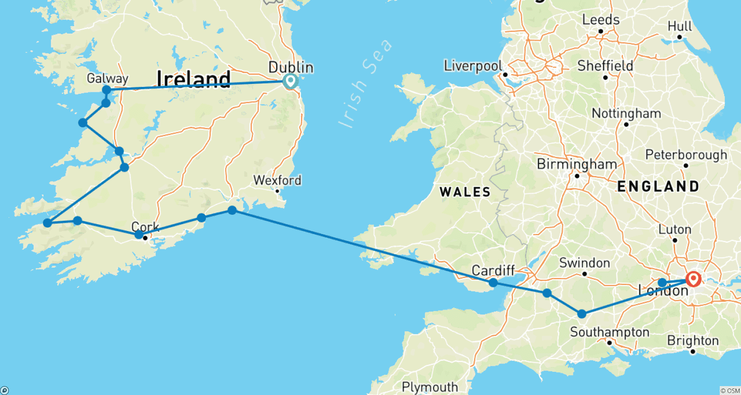 Mapa do percurso de De Dublin a Londres