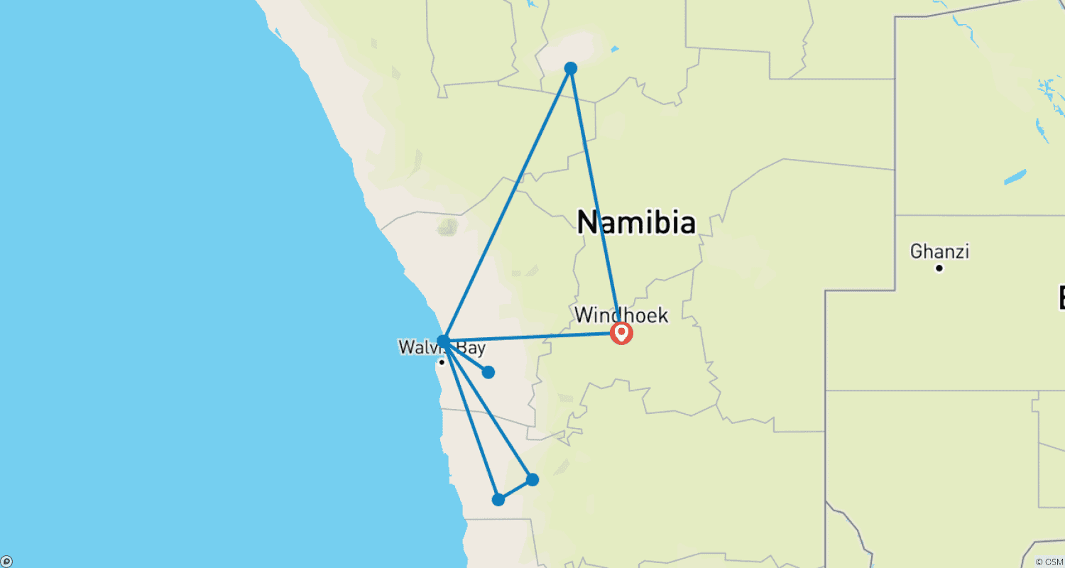 Mapa do percurso de Aventura de Safári Africano na Namíbia - 11 Dias