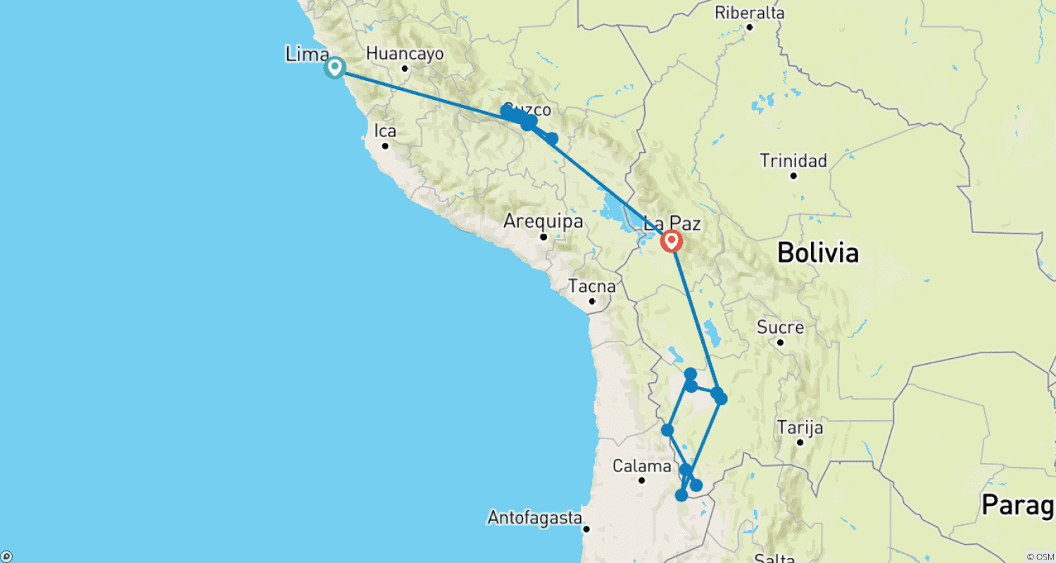 Mapa do percurso de O Melhor do Peru e Bolívia: Lima, Cusco, O Vale Sagrado, Moray e as Minas de Sal, Caminhada à Montanha Colorida ou Lago Humantay, Machu Picchu, La Paz, Salar de Uyuni e Todas as Lagoas