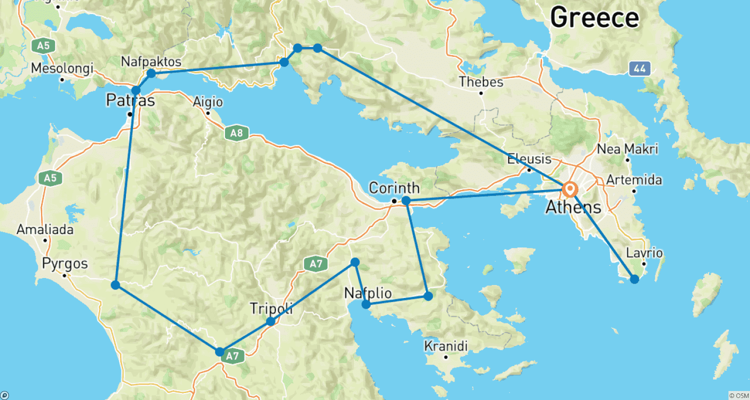 Mapa trasy: 5-dniowa wycieczka klasyczna Grecja Nafplion, Olimpia, Delfy