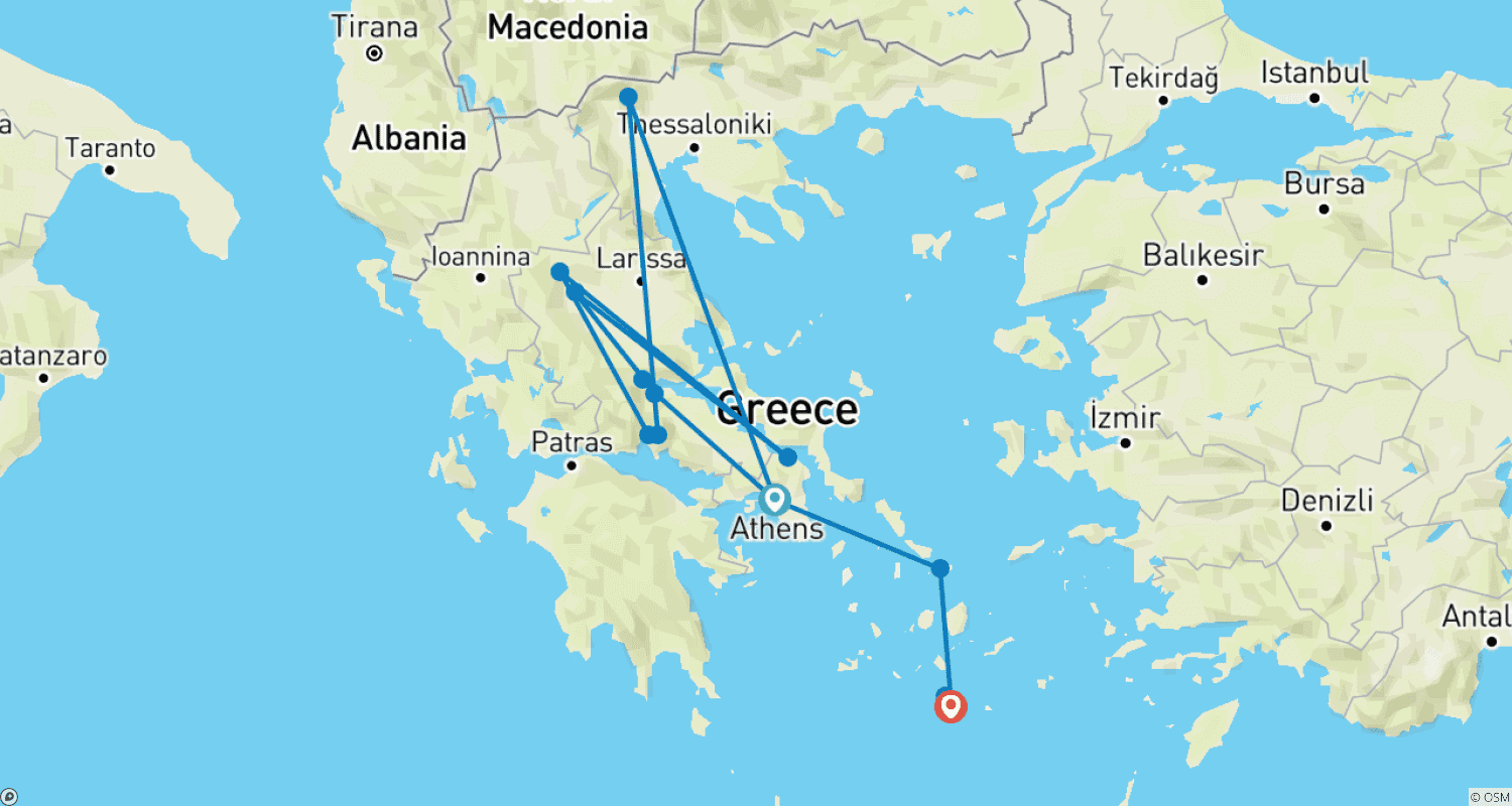 アテネ、デルフィ、メテオラ、ミコノス、サントリーニで巡るギリシャの旅のルートマップ