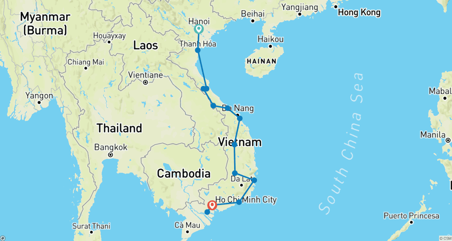 Mapa do percurso de Passeio de Moto Aventureiro no Vietnã pela Trilha Ho Chi Minh via Planaltos Centrais
