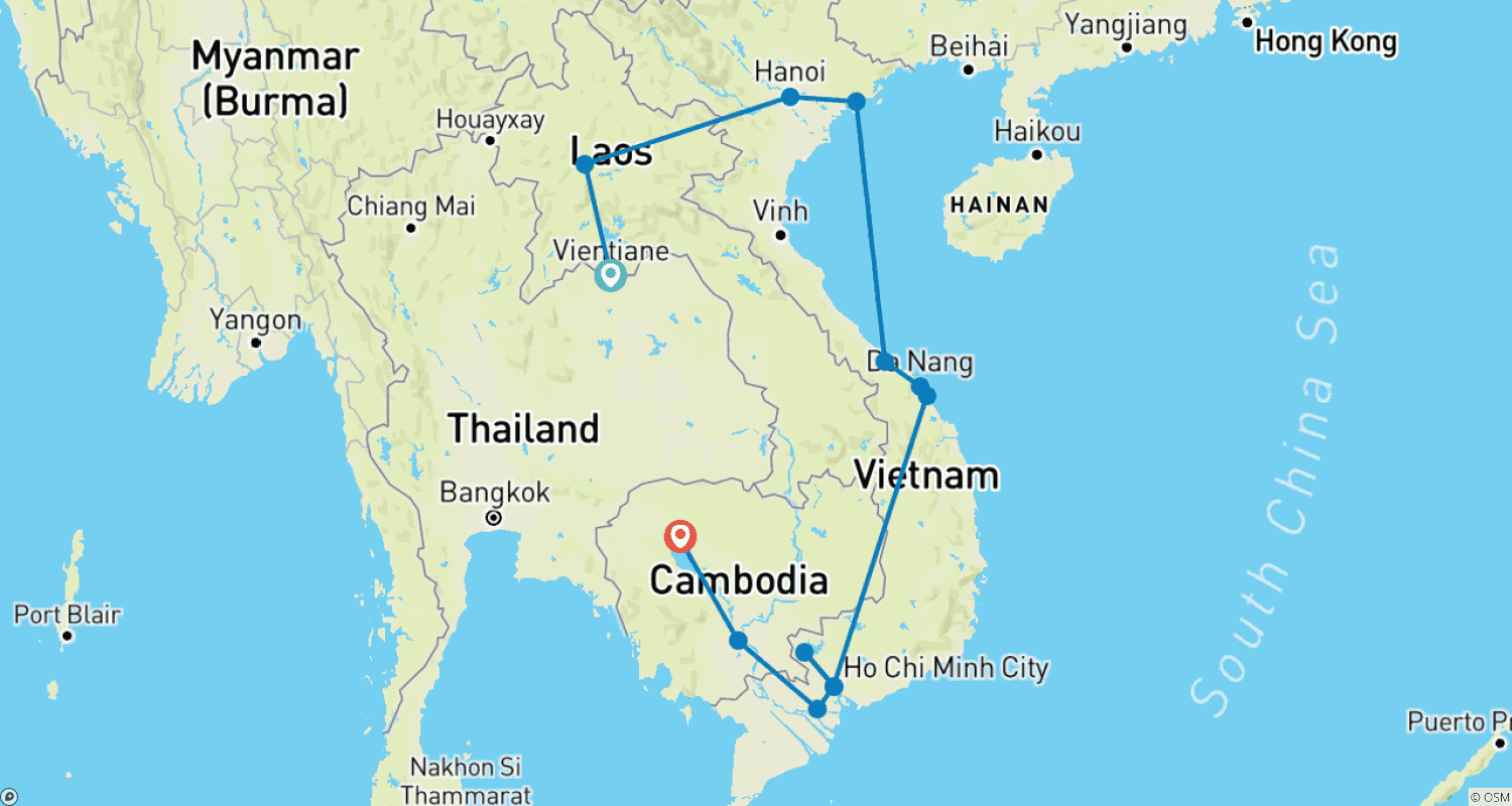 خريطة مسار Indochina Heritage Tour to Laos, Vietnam and Cambodia