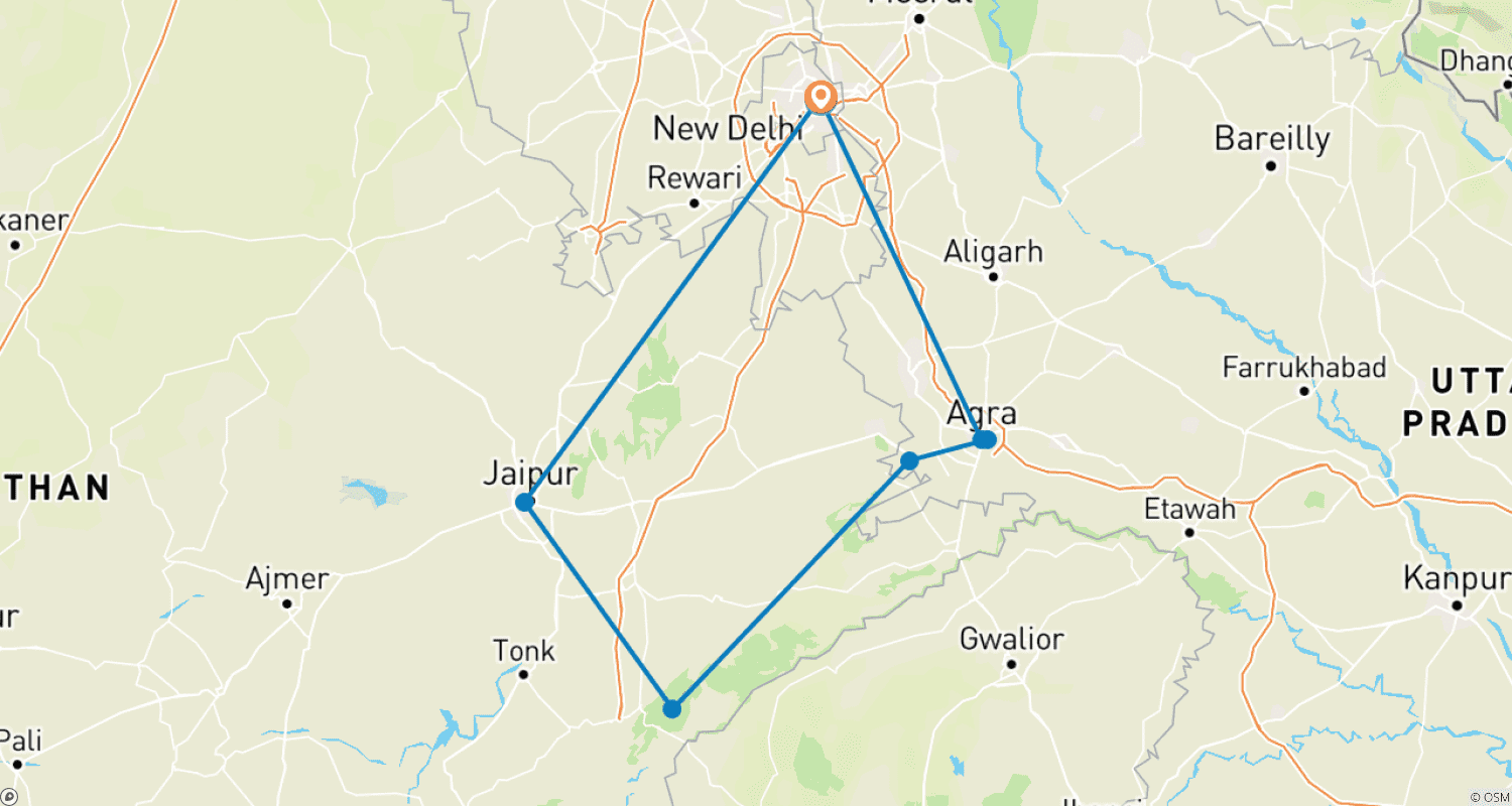 Mapa trasy: Taj Mahal i tygrysy – 7-dniowa wycieczka po Złotym Trójkącie w Indiach z Ranthambore