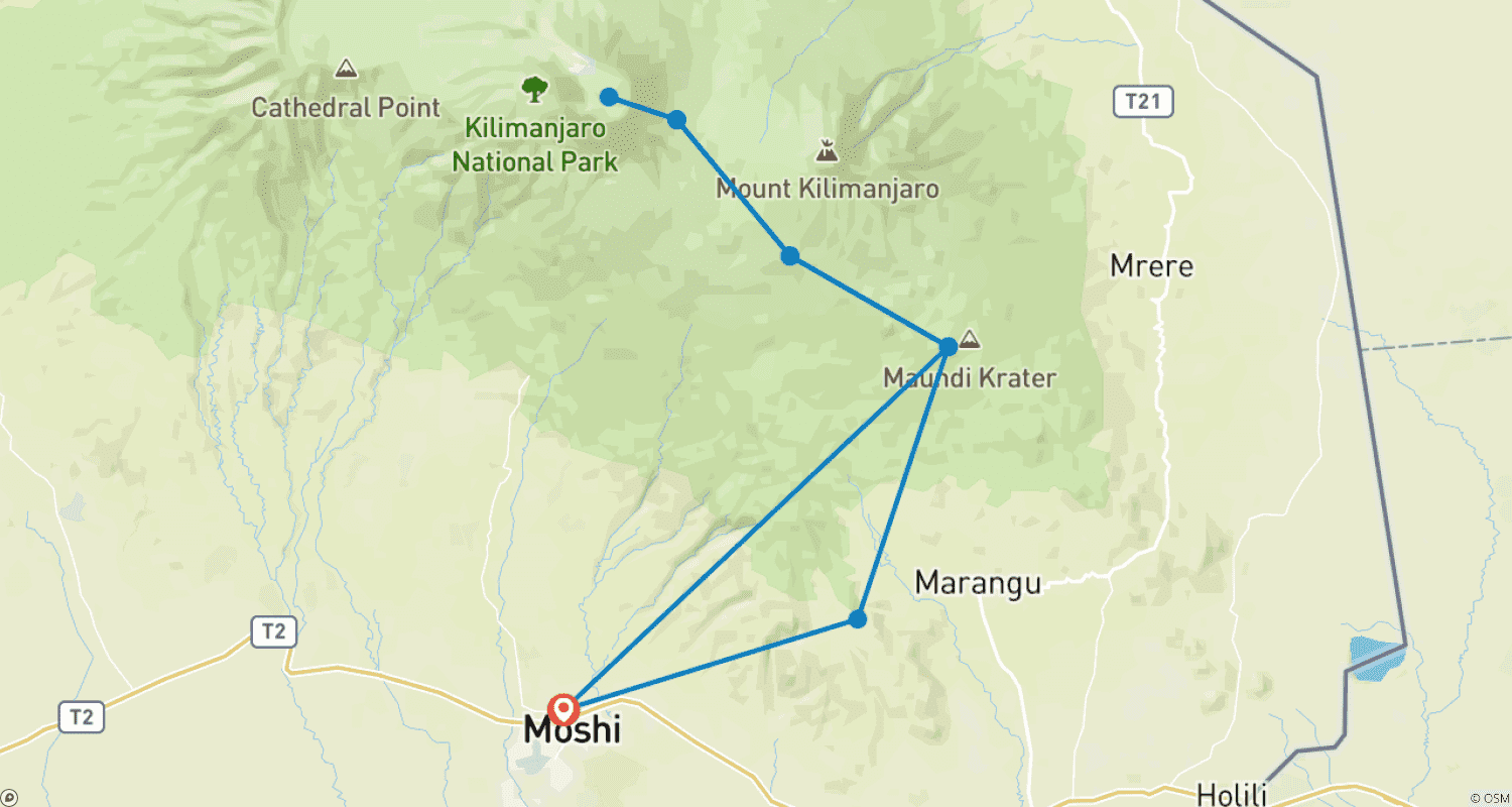 Mapa do percurso de Subida ao Kilimanjaro - Rota Marangu 5 Dias 4 Noites
