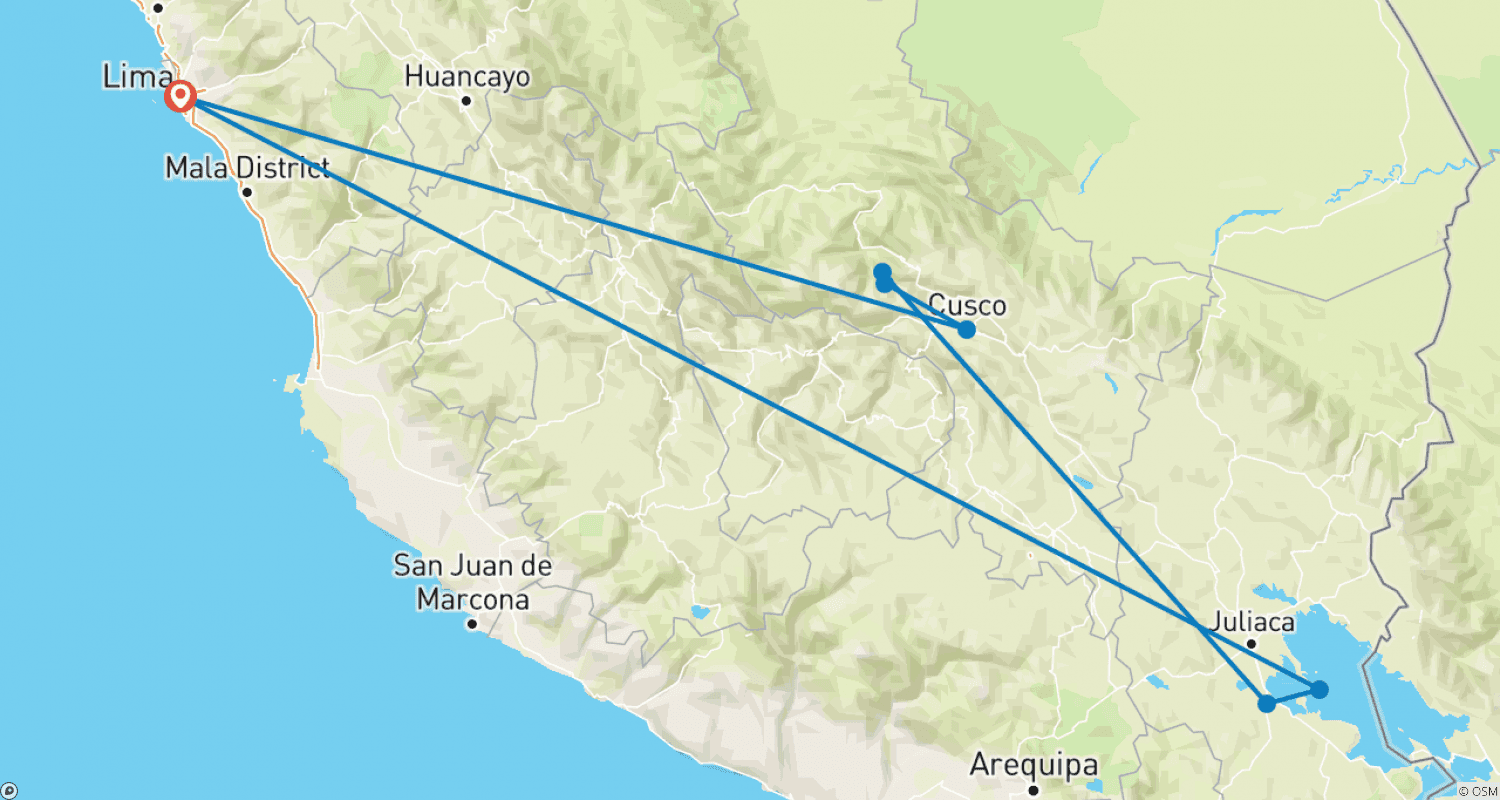 Mapa do percurso de Aventura em Machu Picchu e Lago Titicaca: Férias para Solteiros de 40, 50 e 60 anos