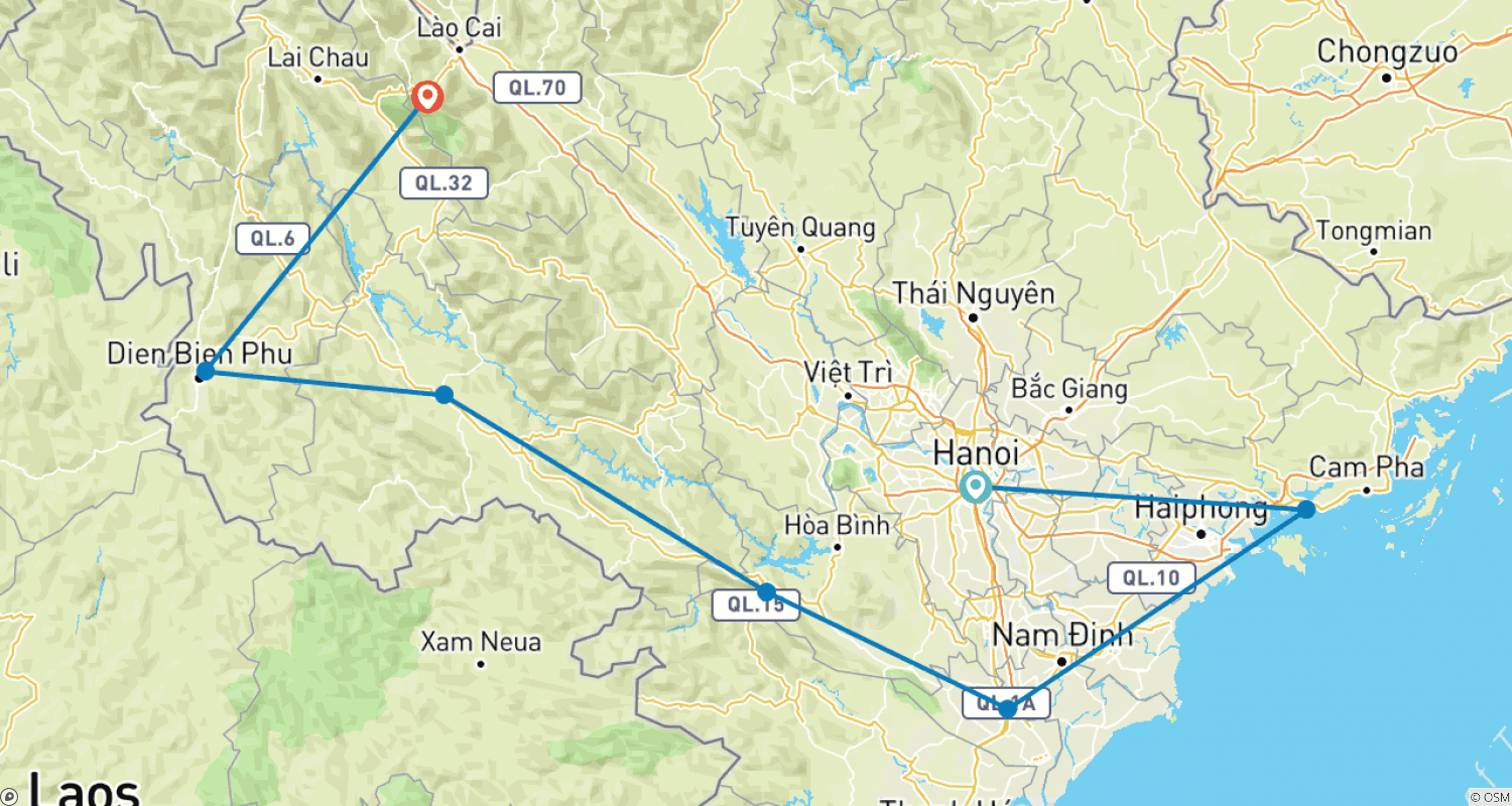 Mapa trasy: Rodzinne wakacje w Północno-zachodnim Wietnamie: Halong, Sapa, Mai Chau, Son La, Dien Bien