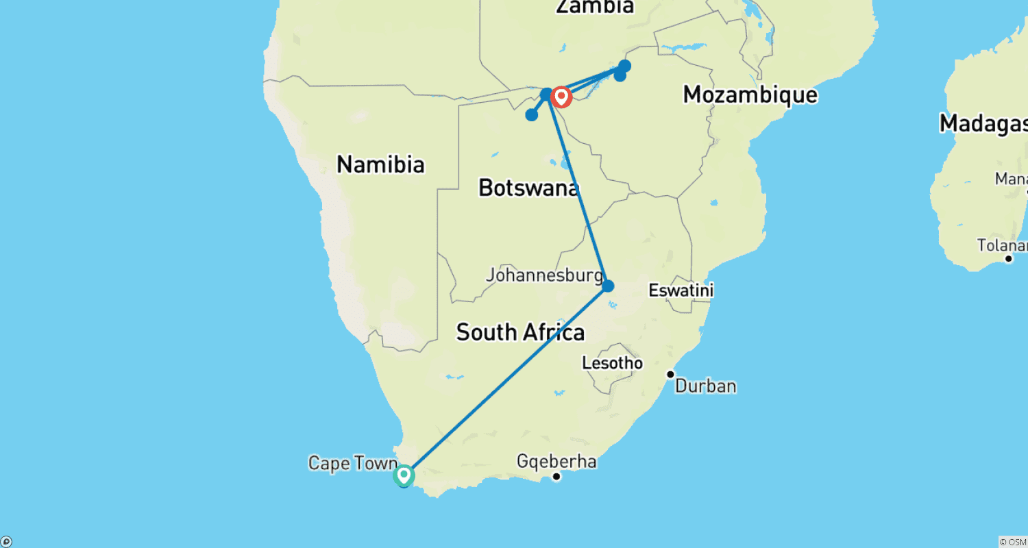 Mapa do percurso de Cruzeiro Safari ao longo do Rio Zambeze - África do Sul, Botsuana, Namíbia, Zimbábue com estadia prolongada na Península do Cabo (cruzeiro porto a porto) (17 destinos)