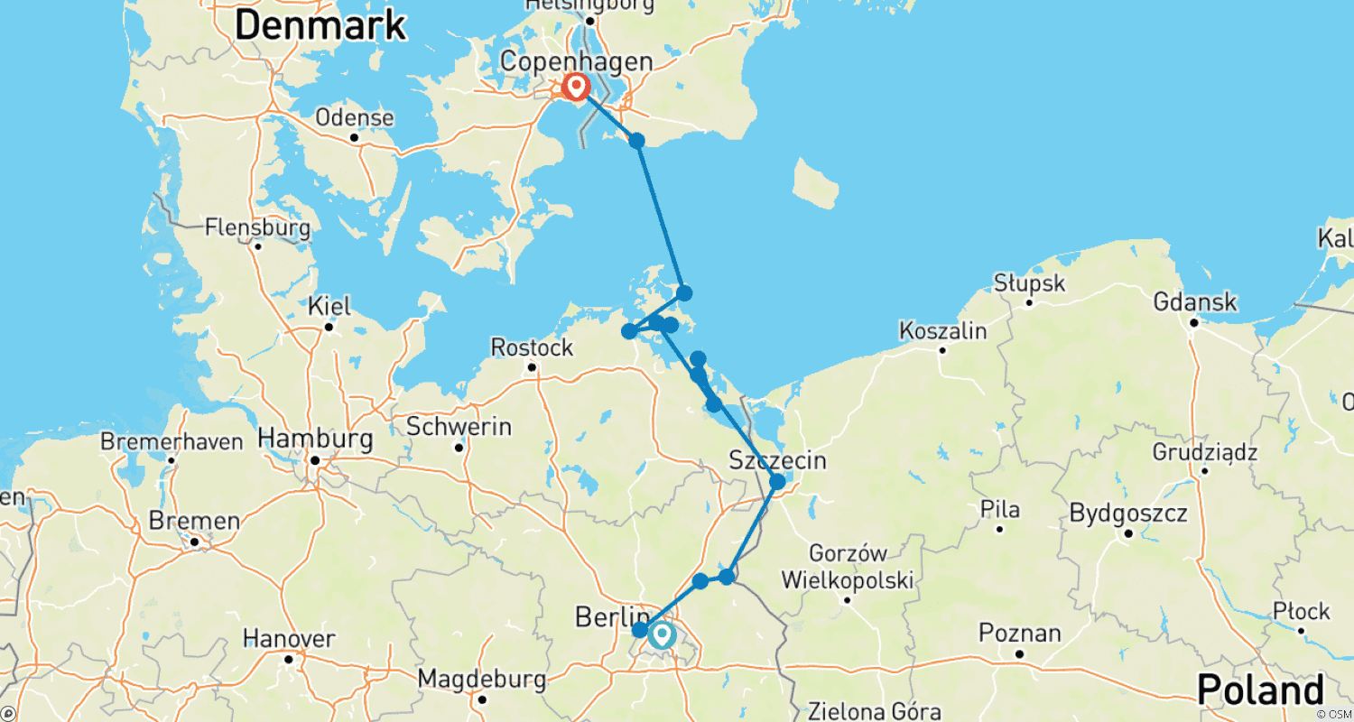 Mapa do percurso de De Berlim a Copenhaga: O Havel, o Oder e o Mar Báltico (cruzeiro de porto a porto) (de Berlim a Copenhaga)