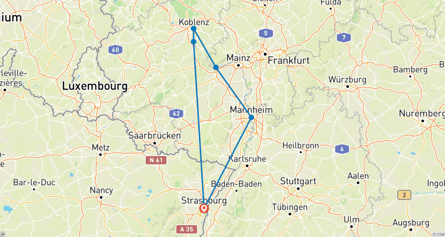 Mapa do percurso de O Reno em chamas, um espetáculo incrível na água (cruzeiro de porto a porto)