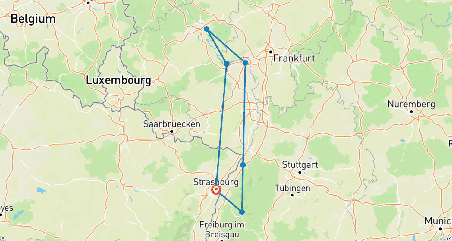 Mapa do percurso de Cruzeiro em Família: no romântico Reno e no coração da Floresta Negra. Experimente a história e as tradições em uma atmosfera renana. Opcional: um dia no Europa Park (cruzeiro de porto a porto).