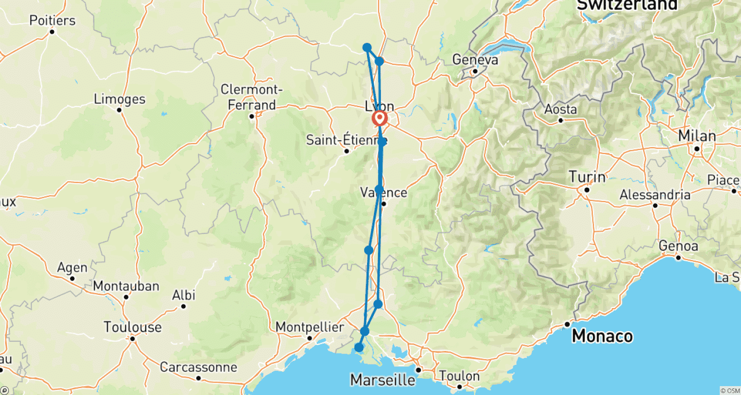 Mapa do percurso de Da Borgonha à Camargue ao longo dos rios Saône e Ródano (cruzeiro de porto a porto)