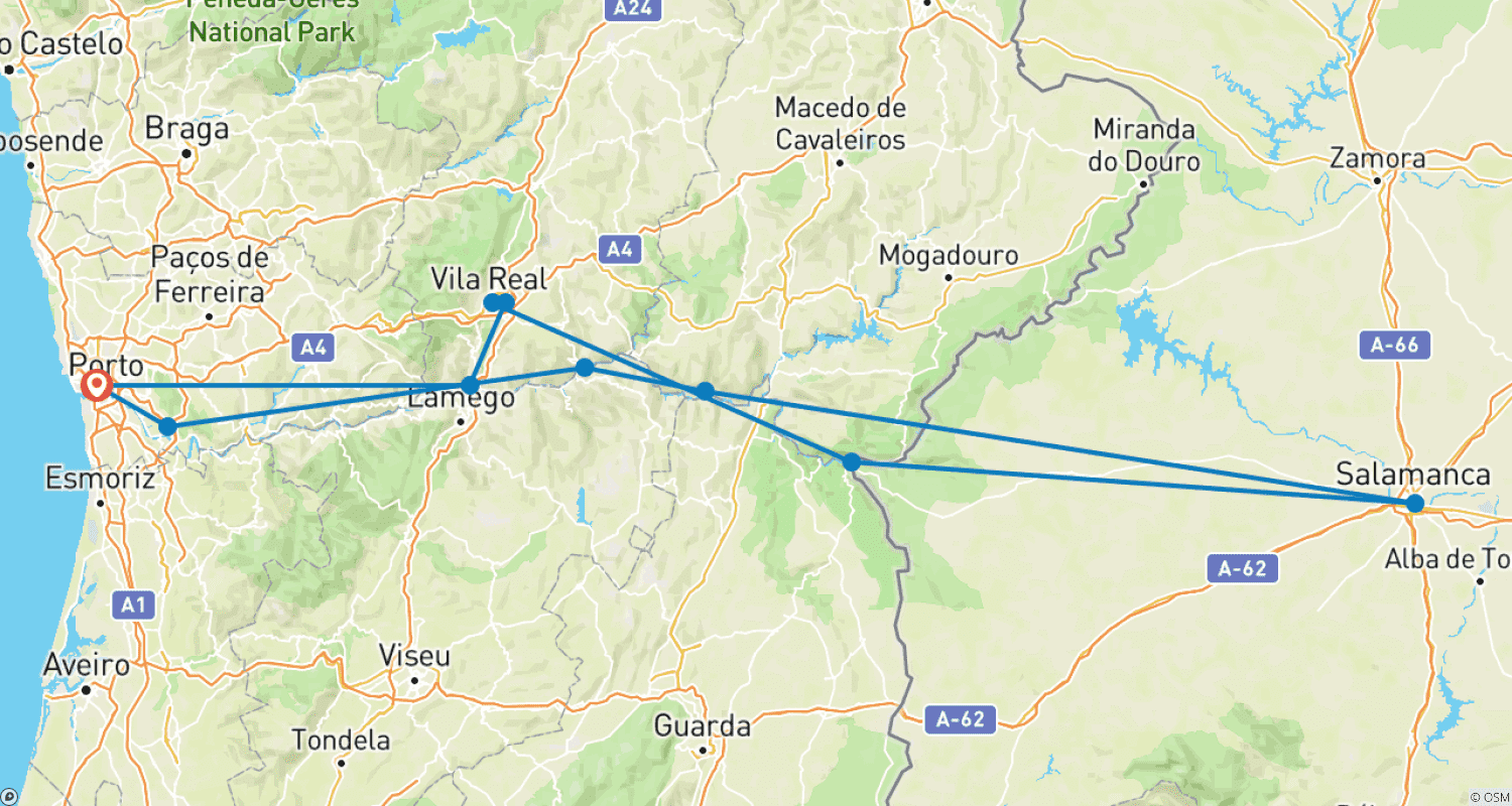 Mapa do percurso de Porto, o vale do Douro (Portugal) e Salamanca (Espanha) (cruzeiro de porto a porto)