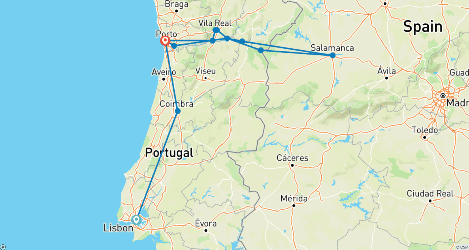 Mapa do percurso de Lisboa, Porto e o Vale do Douro (Portugal) e Salamanca (Espanha) (cruzeiro de porto a porto)
