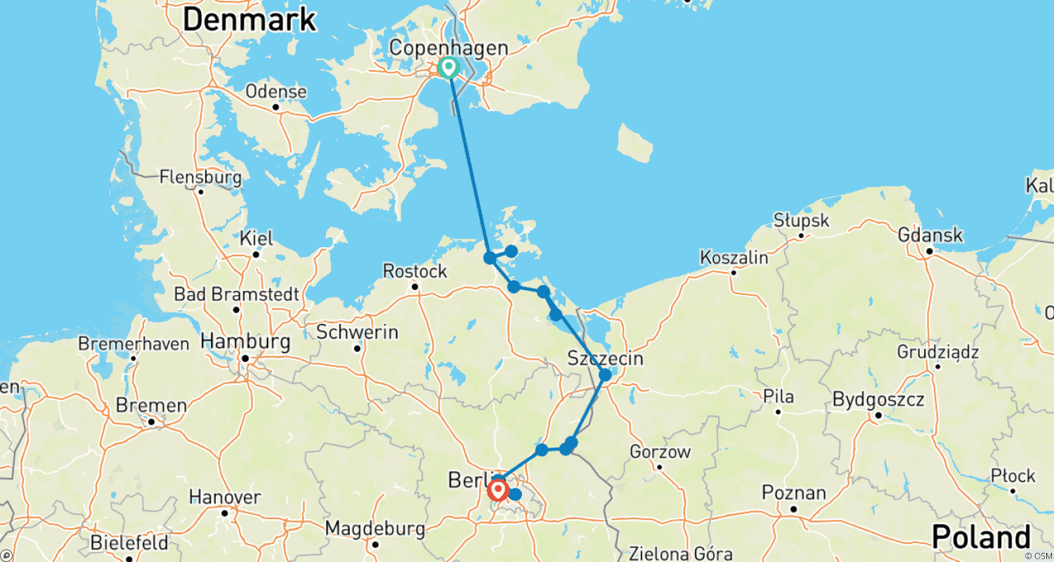Mapa do percurso de De Copenhaga a Berlim: O Mar Báltico e os Rios Oder e Havel (cruzeiro de porto a porto)