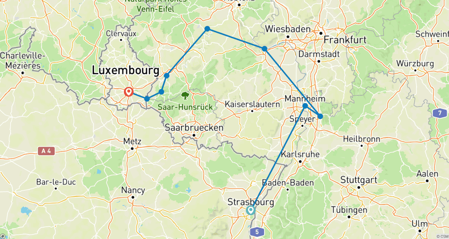 Mapa do percurso de 4 Rios: Os Vales do Neckar, Reno Romântico, Mosela e Sarre (cruzeiro de porto a porto)