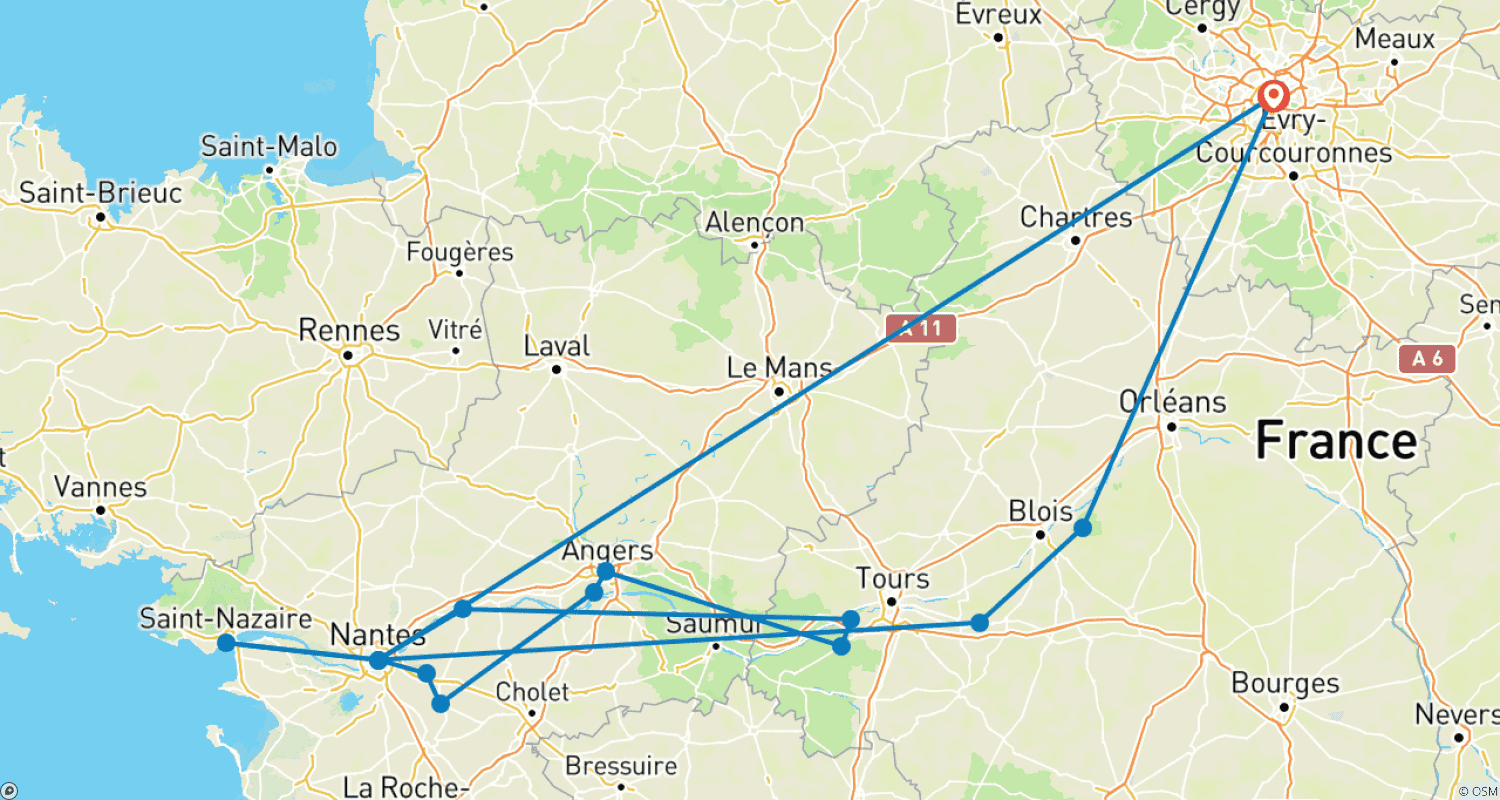 Mapa do percurso de Dos Castelos de Chambord e Chenonceau ao Vale do Loire (15 destinos)