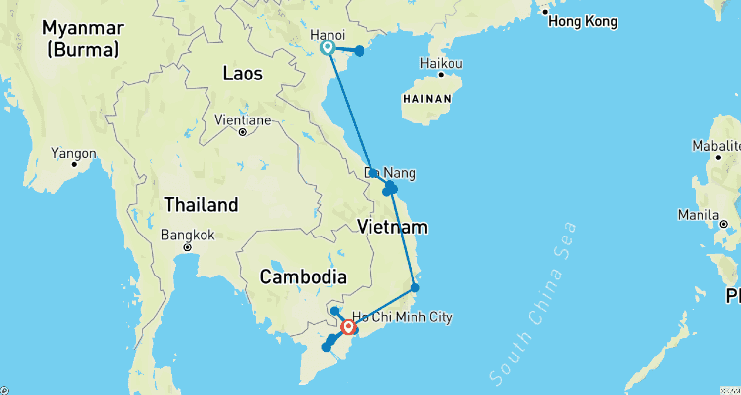 Mapa do percurso de Férias em Família Inesquecíveis no Vietnã: de Hanói a Saigon via Hue, Hoi An e Baía de Halong