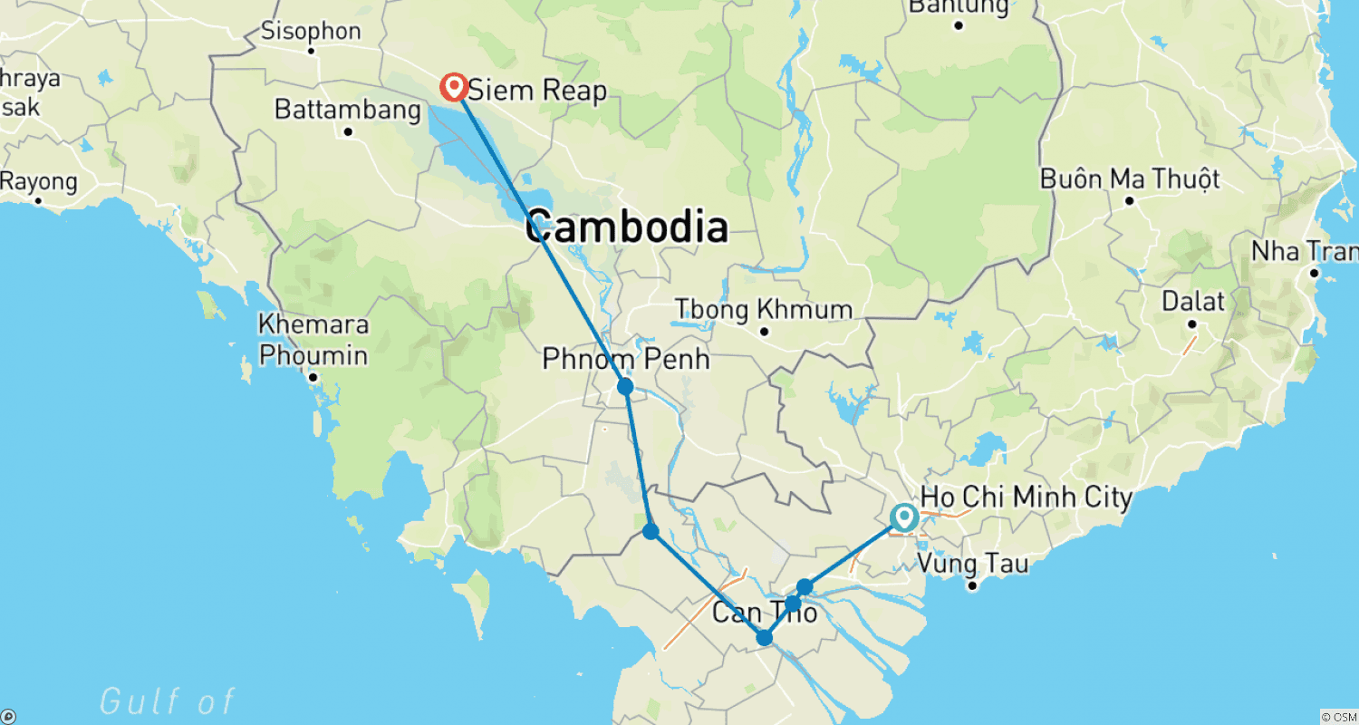 Mapa do percurso de Excursão Terrestre Familiar Vietnã Camboja de Saigon a Angkor Wat via Delta do Mekong