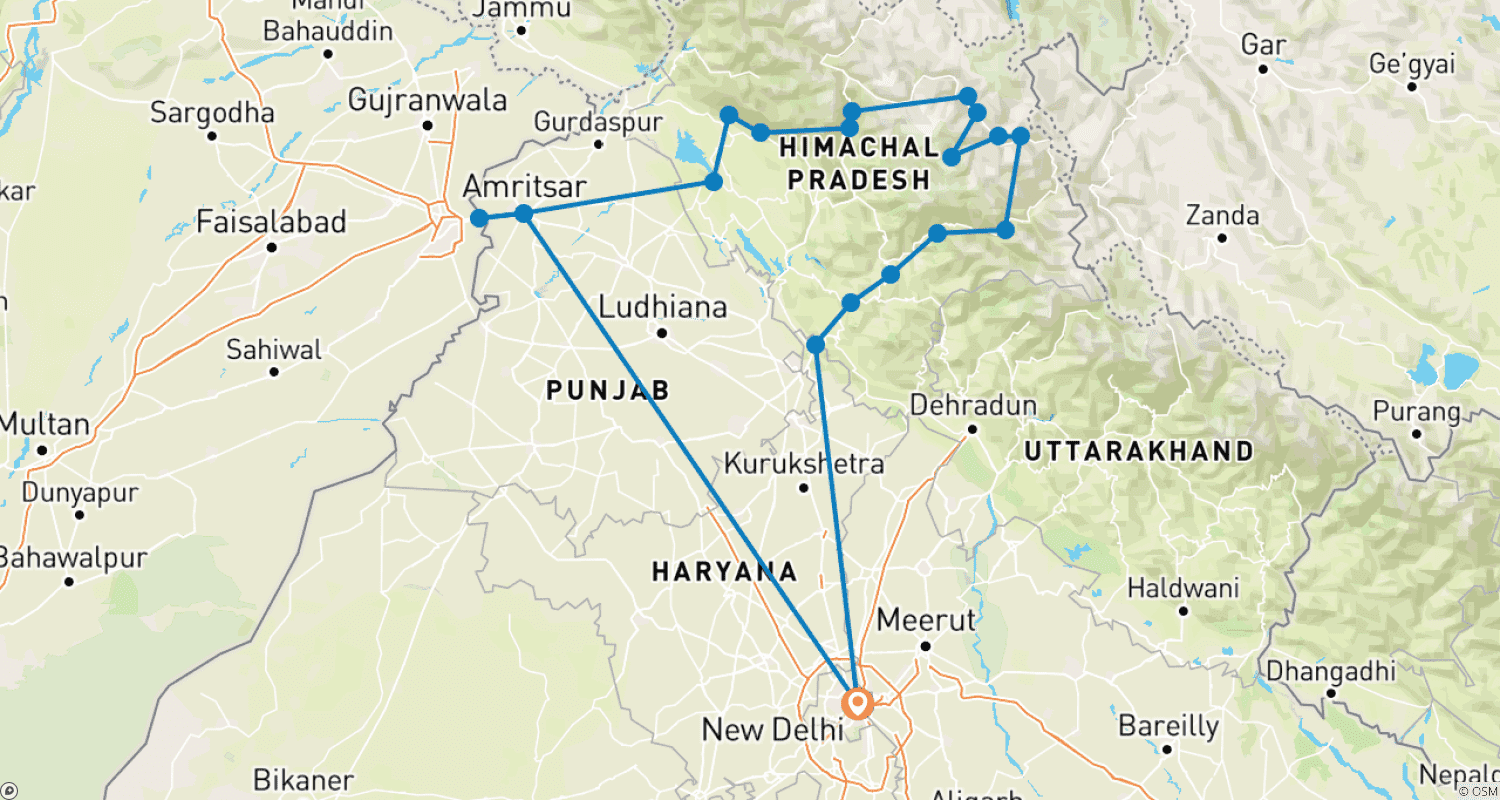 17 Days Shimla - Spiti - Manali - Dharamshala - Amritsarのルートマップ