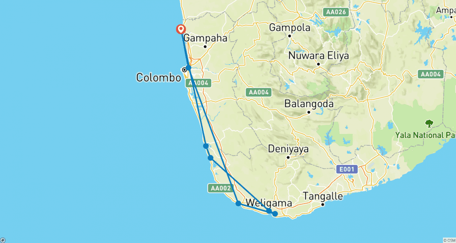 Mapa trasy: Południowe Perły Sri Lanki: Wybrzeże, Kultura i Dzika Przyroda, Prywatna Wycieczka