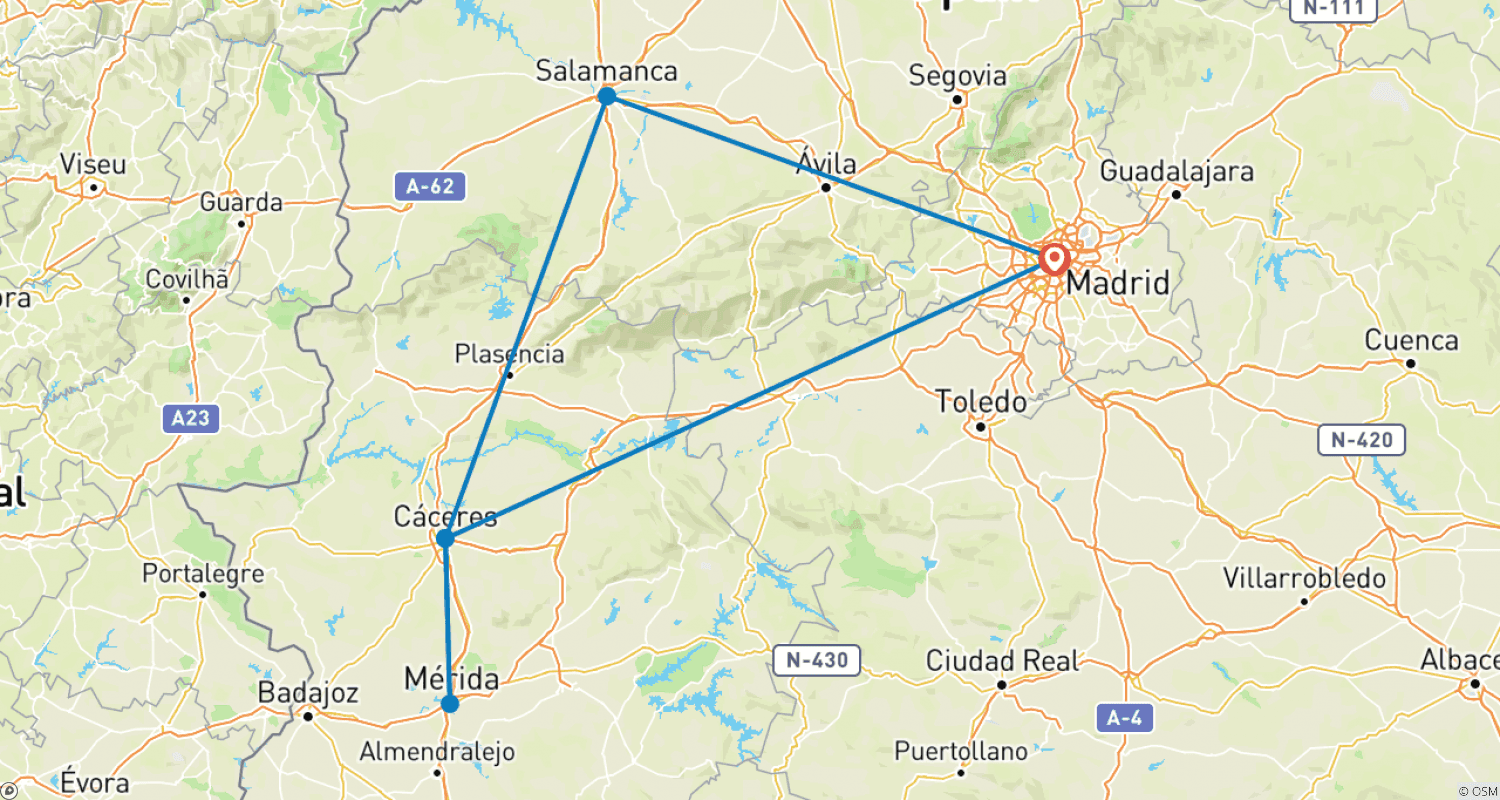 Mapa do percurso de Extremadura Clássica, Viagem de Carro