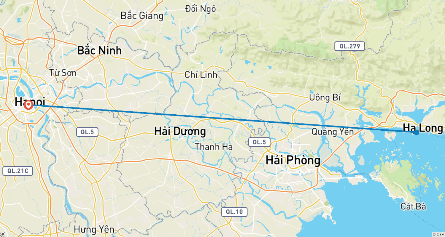 Mapa do percurso de Hanói e Baía de Halong, Norte do Vietnã